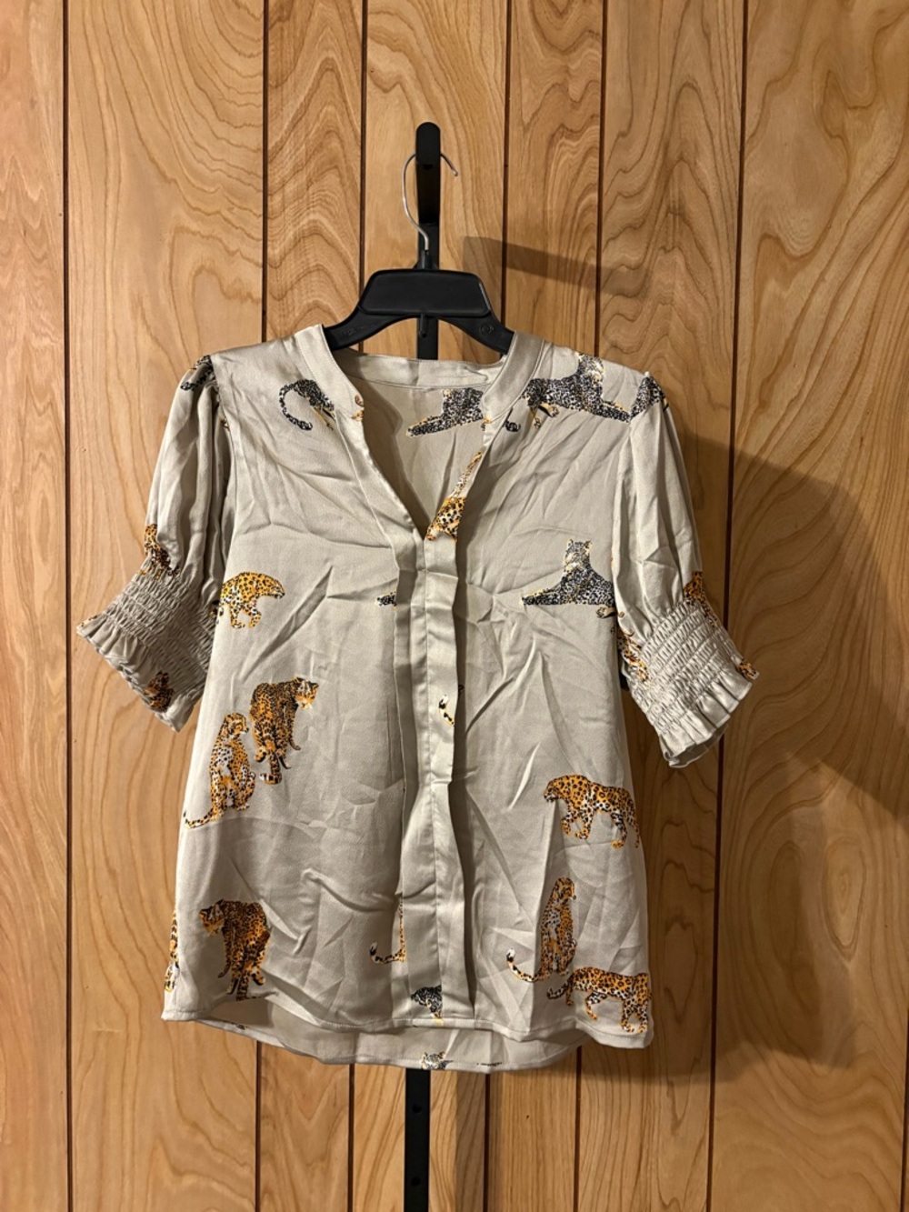 Anniewear Sample Leopard Print Blouse Size S Taupe Puff Sleeve Smocked Top